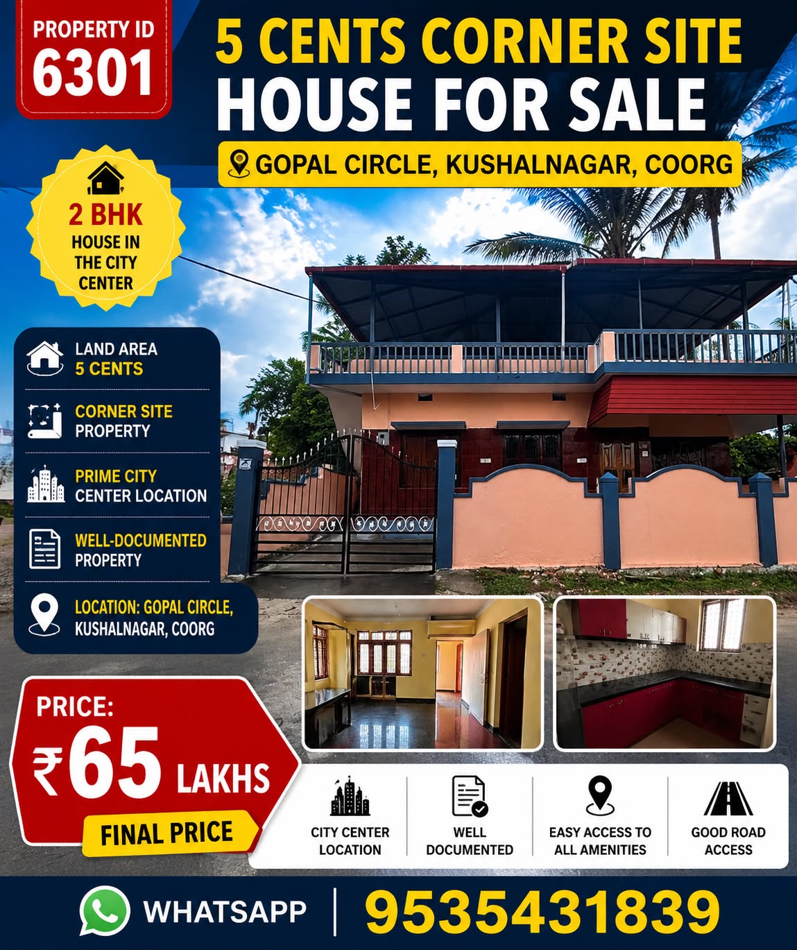 🆔 *PROPERTY ID – 6301* 🏡 *5 CENTS CORNER SITE HOUSE FOR SALE – GOPAL CIRCLE, KUSHALNAGAR, COORG*